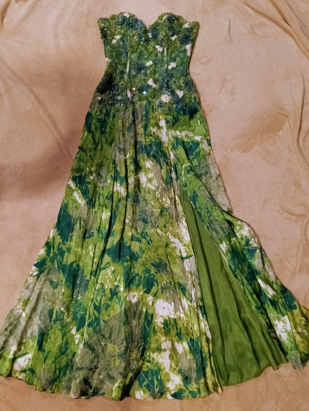 Jovani Sz 4 Illusion Bodice Strapless Green Floral Evening Gown